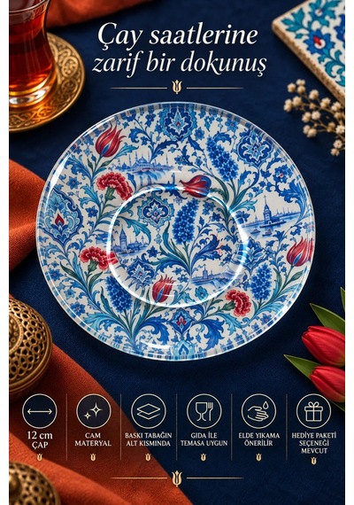 6 Lı Cam Çay Tabağı Osmanlı Çini Desenli 12 Cm 6 Adet Çay Tabak Mavi