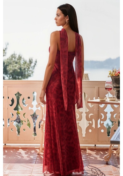 Hiccup Straplez Çiçek Desenli Tül Kuşaklı Bodycon Maxi Elbise Kırmızı