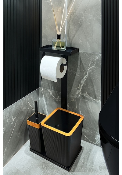 3'ü 1 Arada Banyo Seti Tuvalet Kağıtlık, Çöp Kovası Ve Tuvalet Fırça Takımı Kahverengi - Siyah