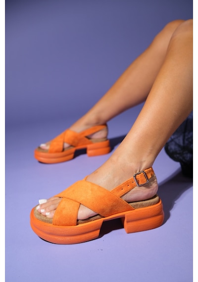 Luvishoes Luvi Shoes Lungo Turuncu Süet Çapraz Bantlı Kalın Tabanlı Kadın Sandalet Turuncu