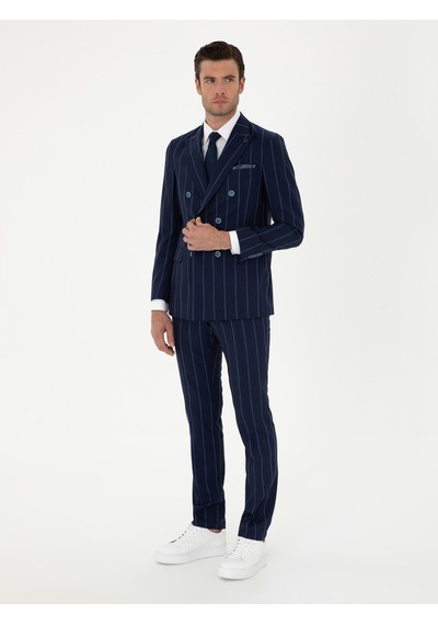 Cacharel Lacivert Slim Fit Çizgili Yün Takım Elbise