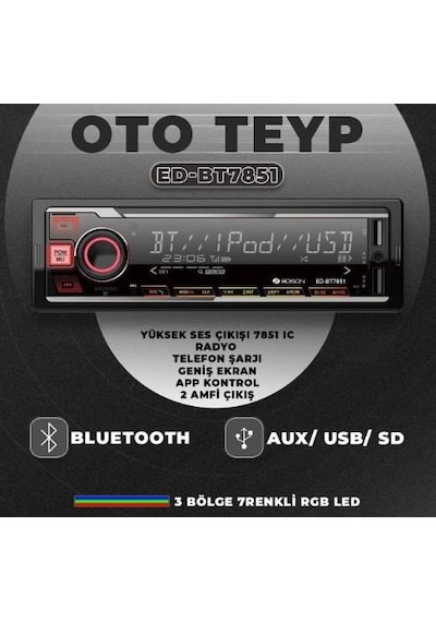 Edison Ed-bt7851ıc Oto Teyp Mp3 Çalar/fm Radyo/usb/aux/sd/bt/2 Amfi Çıkış/4 60w/app Kontrol/kumanda