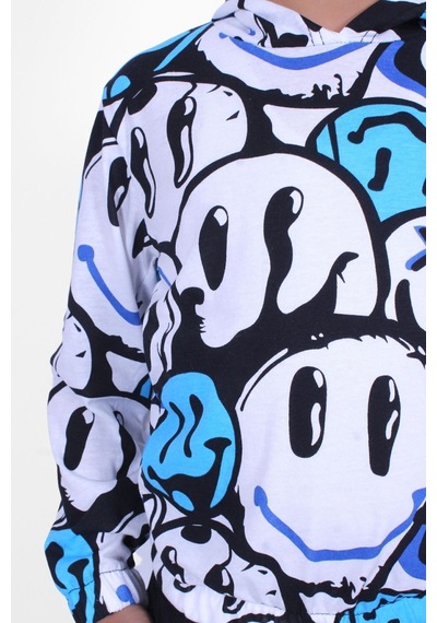 Panios Kids Mavi Emoji Desenli Kapüşonlu Unisex 2 Iplik Sweatshirt Mavi