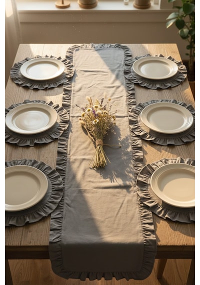 Yunusoğlu Home Fırfırlı Runner Ve Supla Takımı - Masa Örtüsü Takımı 7 Parça 150x50 Cm Füme