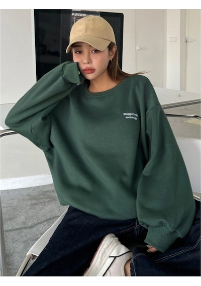 Kadın Nefti Yeşil Staggertly Baskılı Bisiklet Yaka Sweatshirt Nefti Yeşili