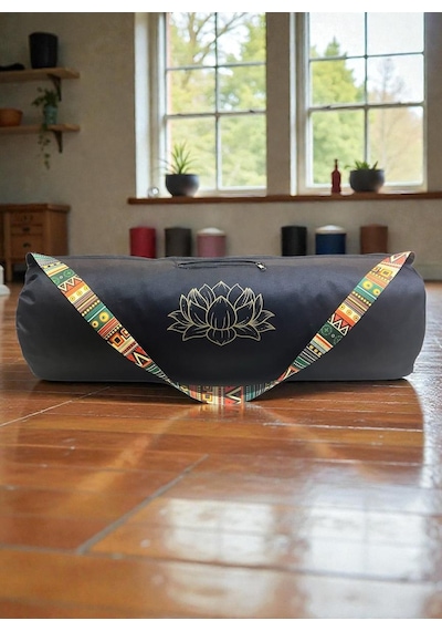 Narespor Su Geçirmez Lotus Baskılı Mat Taşıma Çantası Yogafitness Antrenman Çantası 2 Adet Mat Toplamalastiği Siyah
