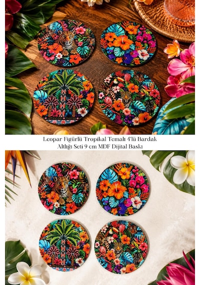 Leopar Figürlü Tropikal Temalı 4 Lü Bardak Altlığı Seti 9 Cm Mdf Dijital Baskı Çok Renkli