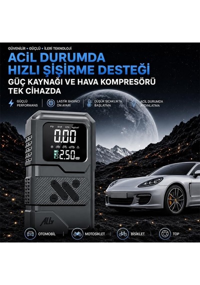 4 İn1 Jump Starter Lastik Sisirme Pompası Ve Powerbank Özellikli Starter Akü Takviye Seti, Sıyah