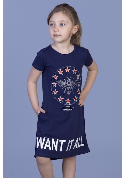 Toontoy Kız Çocuk I Want It All Baskılı Elbise Lacivert