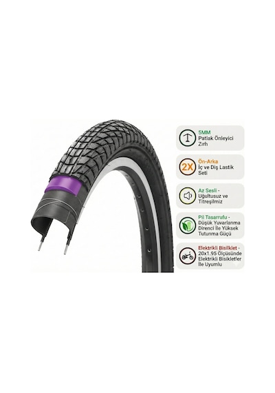 Bike Sky Black Cat Zırhlı Ön Arka Set İç Dış Lastik 20x1.95 5 Mm Zırh Kalınlığı, Elektrikli Bisikl