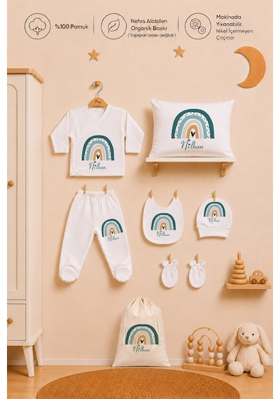 Pia Baby Erkek Bebek Hastane Çıkışı Hediye Seti 8 Parça Zıbın Set %100 Pamuk Battaniye Yastık Ve Kese 1095zybkyx Ekru
