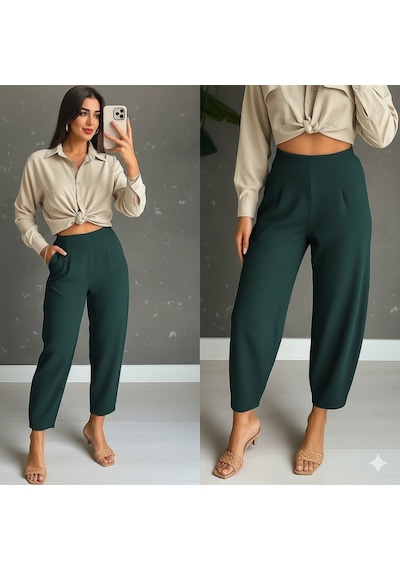 Emh Store Kadın Yüksek Bel Krep Pantolon Yeşil
