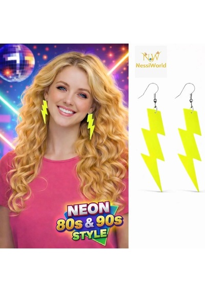 Retro Neon Sarı Şimşek Küpe 10 Cm Uzunlukta Çok Renkli