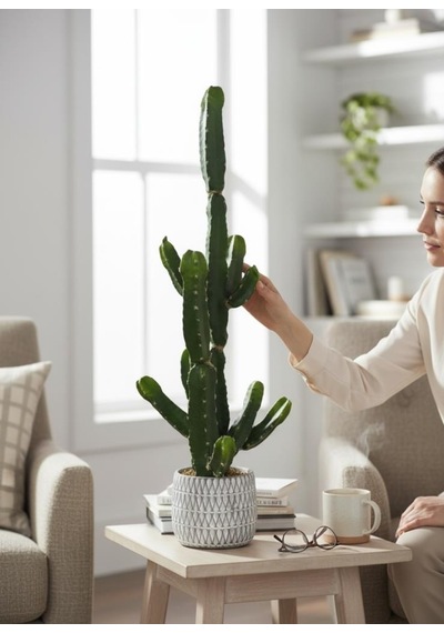 Yapay Kaktüs Euphorbia İngens Şamdan Ağacı Beton Saksıda Yapay Bitki 70cm Yeşil