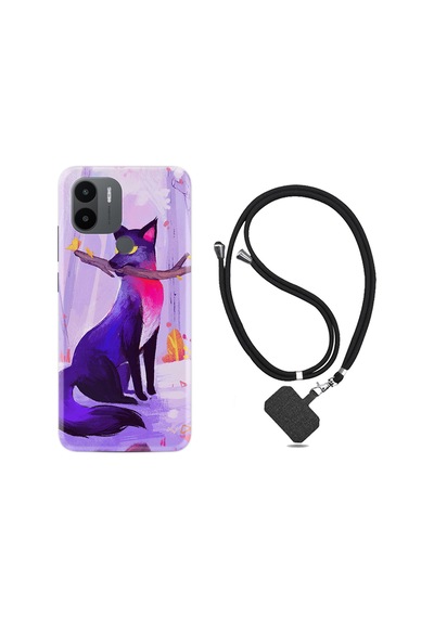 Xiaomi Redmi A1 Kılıf İpli Boyun Askılı Desenli Silikon Mor Kurt 1614