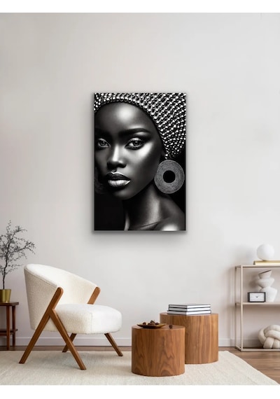 Afrikalı Siyahi Kadın Kanvas Tablo 70x100 Cm Siyah Beyaz