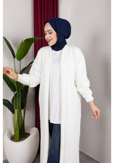 Hira Life Fashion Kadın Şal Yaka Uzun Triko Ve Sakallı Tüylü Hırka Krem Krem