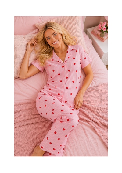 Fit Women Çizgili Kalp Desenli Bürümcük Kumaş Pijama Takımı 4643-pembe