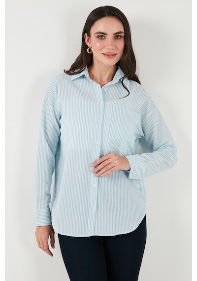 Lela Regular Fit Uzun Kollu Cepli Çizgili Bayan Gömlek 6772895 Bebe Mavi
