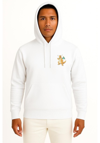 Bahriyeli Collection Kapüşonlu Dragonite Cep Baskılı Unisex Sweatshirt Beyaz