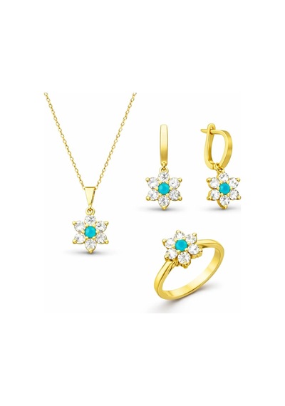 Gümüş Mavi Taşlı Gold Çiçek Kadın Set Çok Renkli 36689892