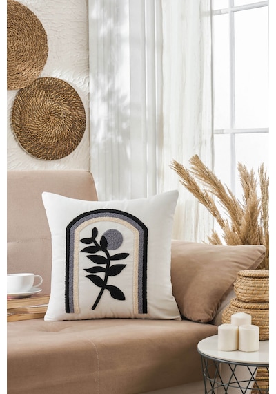 Mira Home Dekoratif Punch Kare Lale Nakışlı Kırlent Kılıfı Krem