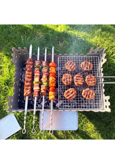 Kamp Ayısı Castlegrill 2mm Galvaniz Çelik, Katlanır, 13 Şiş Kapasiteli Şiş Mangalı Ve Ateş Çukuru Gri