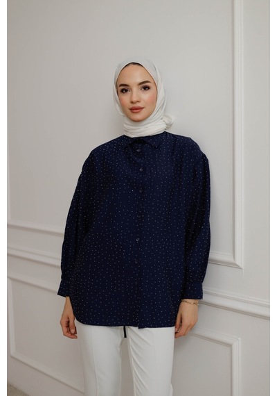 Moonsc Kadın Regular Fit Bel Bağlamı Ve Taş Detaylı Tesettür Lacivert Gömlek