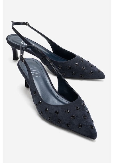 Luvishoes Lorex Lacivert Süet Taşlı Kadın Topuklu Ayakkabı Lacivert