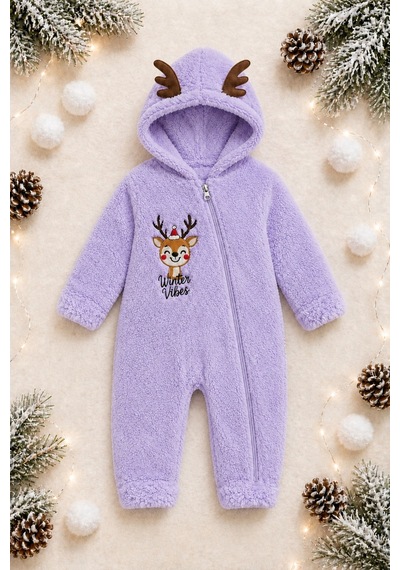 Tatlı Geyik Nakışlı Welsoft Peluş Kapüşonlu Fermuarlı Kışlık Unisex Bebek Tulumu 40212 Lila