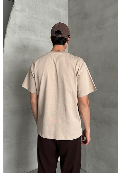 Hyman Erkek %100 Pamuk Oversize Basic T-shirt Bej