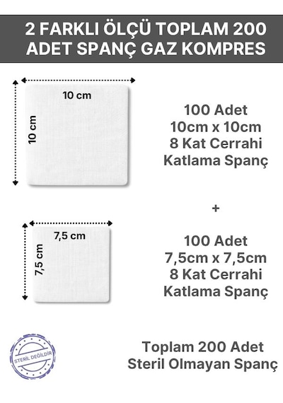 Spanç Gazlı Bez Kombo 1 Paket 8 Katlı 200 Adet - Yüksek Emici, Yapışmayan, Nefes Alabilir %100 Pamuk Yara Pansuman Pedi