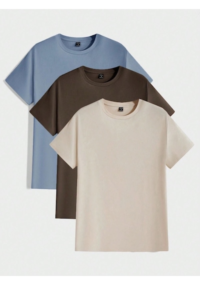 3'lü Basic Süprem T-shirt - Bebe Mavisi Kahverengi Bej Oversize Bisiklet Yaka Tişört Mavi