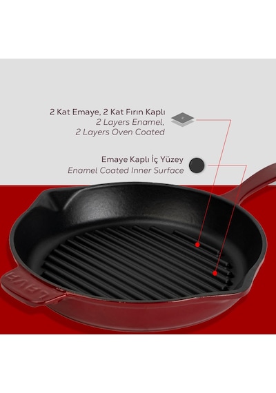 Lava Döküm Yuvarlak Izgara Tava Döküm Demir Yekpare Saplı Çap Ø 28cm.bordo Bordo