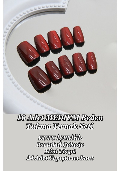 Bordo Medıum Beden Kedi Gözü Kısa Küt 10 Adet Takma Tırnak Seti T036 Bordo