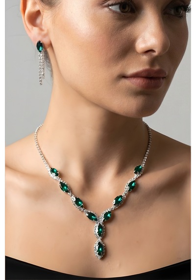 Accessories Yeşil Mekik Taşlı Su Yolu Kolye Küpe Takı Seti - Düğün, Kına, Nişan Gelin Takı Seti Gümüş - Yeşil