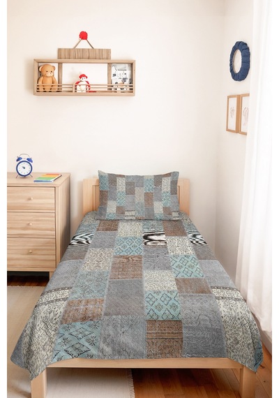 Geometrik Gri Genç Odası Tek Kişilik Pike Takımı-patchwork Turkuaz 160x220 Cm Kapitone Yatak Örtüsü Kırçıllı Misk Akışı