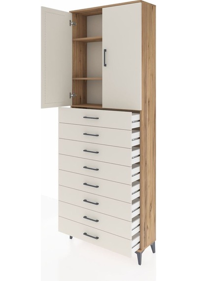 Arges Dolap 3 Raflı 8 Çekmeceli 2 Kapaklı 88x30x243 Çam-aytaşı Çam