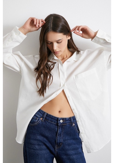 Never More Cepli Oversize Keten Gömlek Ekru Ekru