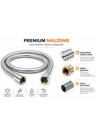 150 Cm Premium Spiral Duş Hortumu Paslanmaz Krom Kaplama Çelik Örgülü Pirinç Somunlu 1/2'' Bağlantı