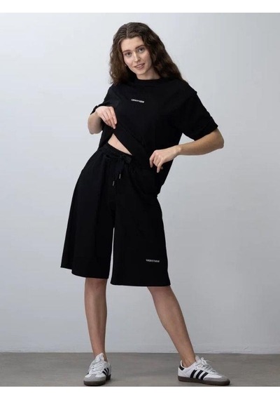 Zekids Kız Çocuk Pamuklu Tasarım Oversize T-shirt Şortlu Takım-15782 Siyah