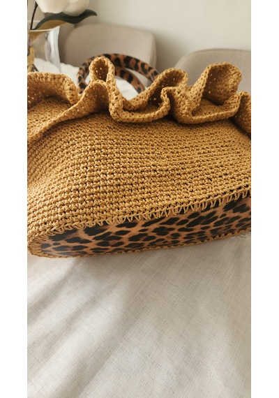 İlmekbyela Leopar Desenli Fırfırlı Çanta Hasır