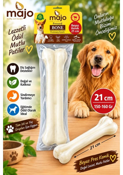 Majo Beyaz Pres Kemik 21 Cm 150-160 Gr Tekli Süt Lezzetli Köpek Çiğneme Ödülü Doğal Sığır Eti