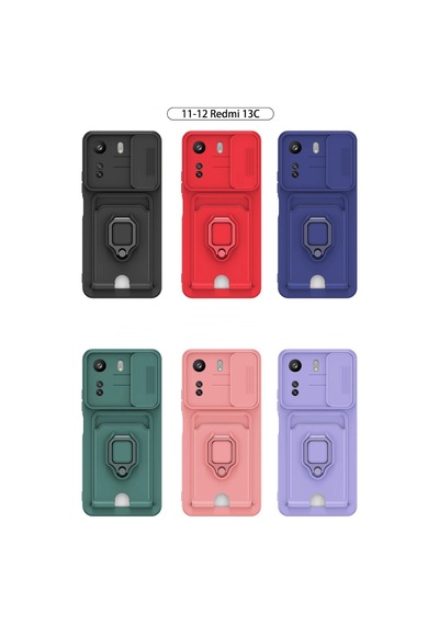 Xiaomi Redmi 13c Kılıf Zuma Kartvizitli Yüzüklü Silikon - Kırmızı Düz Renkli