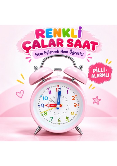 Eğitici Ve Eğlenceli Renkli Çalar Saat Pilli, Metal Gövdeli Çocuk Saati Pembe