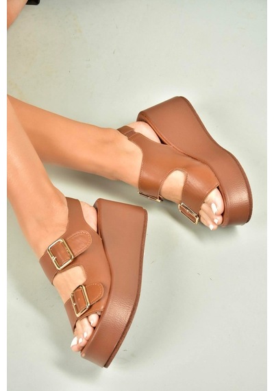 Fox Shoes U946418509 Taba Dolgu Topuklu Kadın Ayakkabı Taba-suni Deri