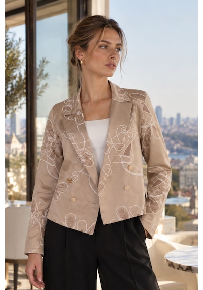 Armonika Kadın Vizon Kruvaze Yaka Desenli Crop Ceket Arm-27k001025