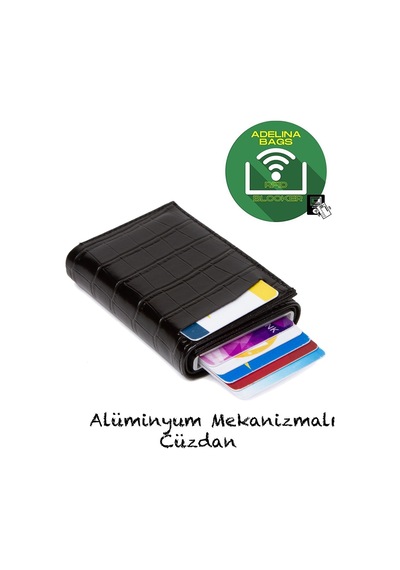 Adelina Bags Adelina Timsah Desenli Mekanizmalı Otomatik Kızaklı Kartlık Cüzda Siyah