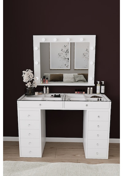 Df02115b Hollywood Işıklı Makyaj Masası 20 Cm Çekmeceli, Bölmeli, Aynalı Beyaz