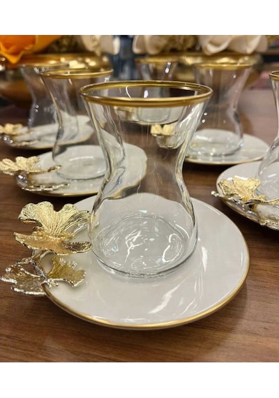 Çnr Home Collection 6' Lı Porselen Tabakli Paşabahçe Bardakli Kelebek Detayli Çay Seti Gold